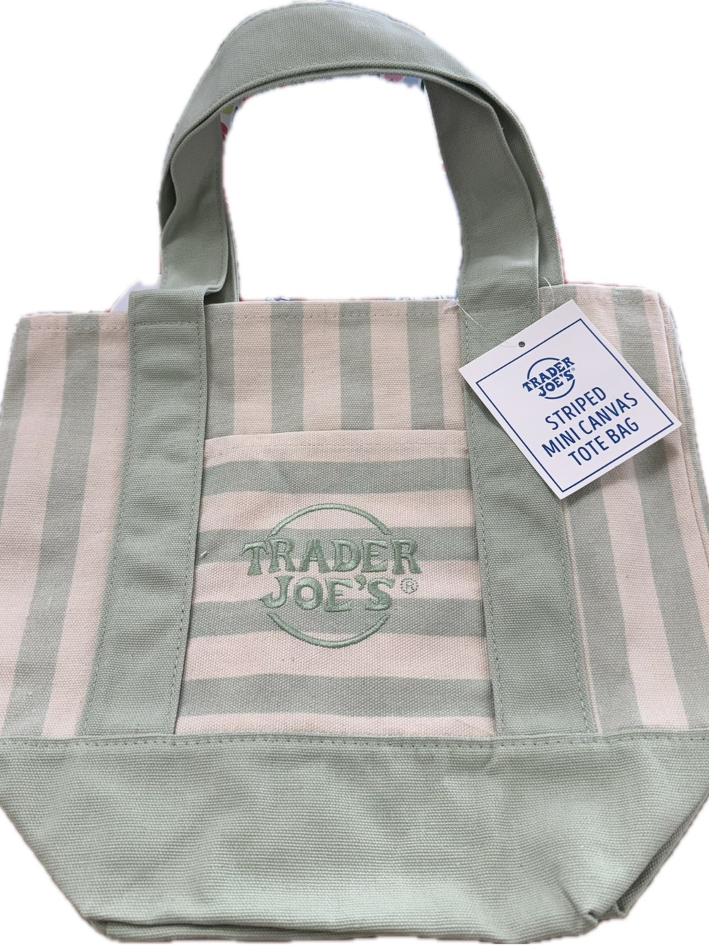 Trader Joe's Striped Mini Canvas Tote Bag in Sage and Cream